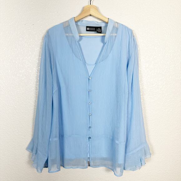 Maggie Barnes Women’s Sheer Light Blue Button Down Chiffon Blouse Size 2X - Picture 1 of 9